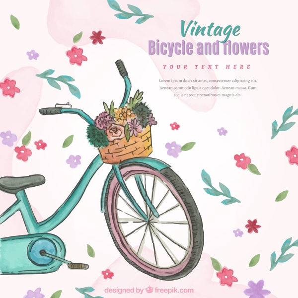 手绘水彩复古自行车与花卉背景