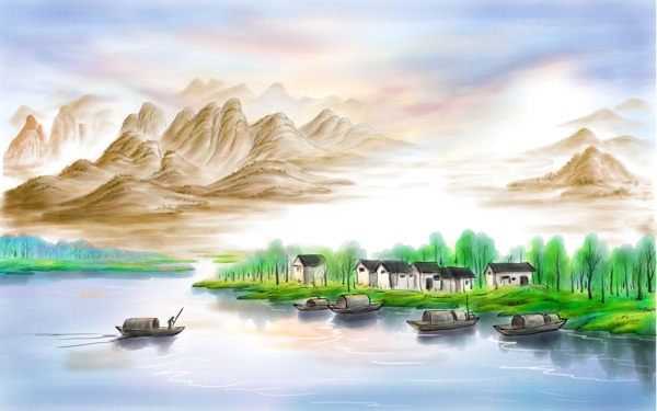 中式山水河边上村落船夫背景墙