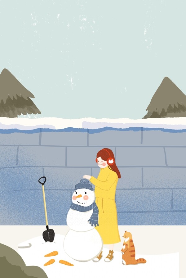 城市街道堆雪人女孩插画海报
