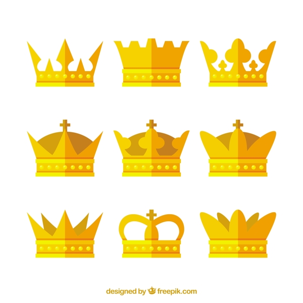 九个创意金色皇冠扁平风格图标