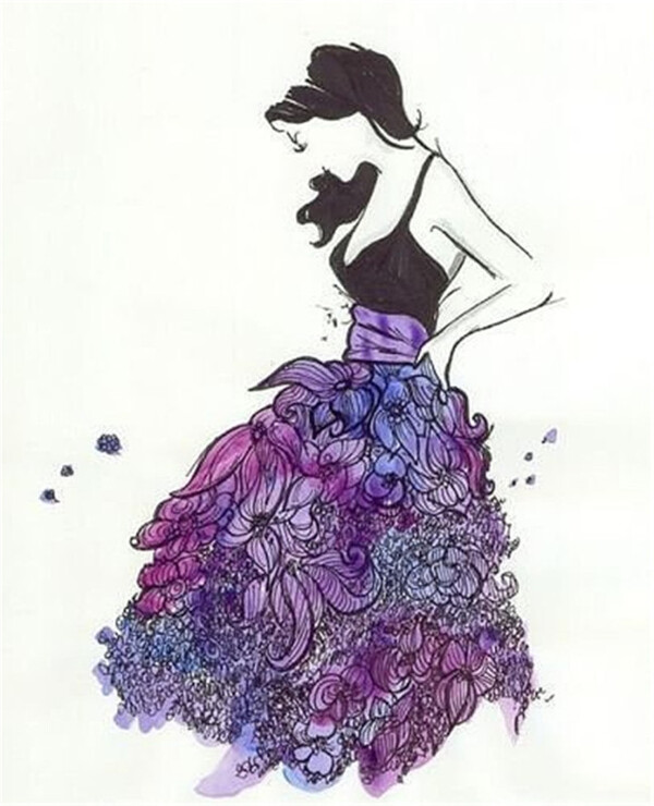 紫色花朵吊带长裙设计图