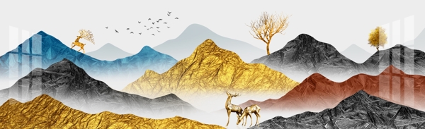 新中式手绘金色山水麋鹿装饰画