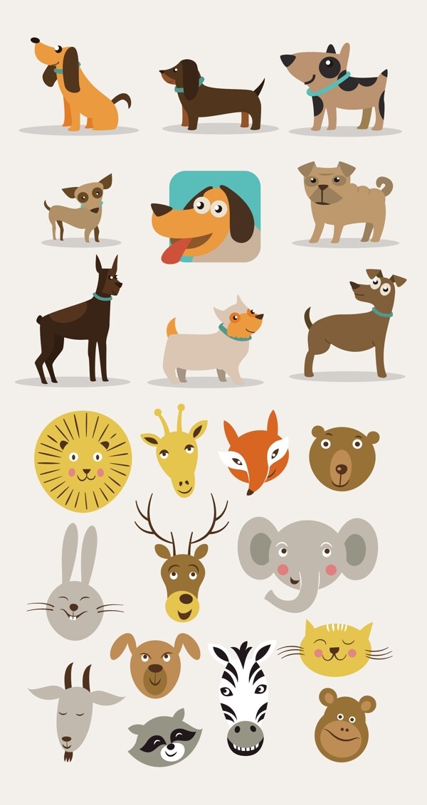 可爱小动物手绘卡通动物集合矢量素材