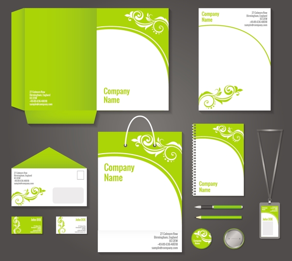 绿色花卉波浪商务文具模板为企业的身份和品牌设置矢量插图