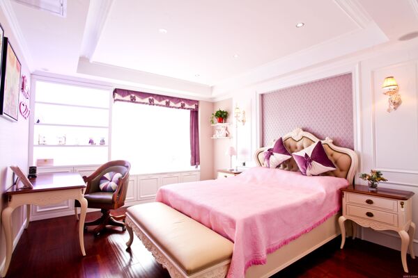 现代清新风卧室粉色背景墙室内装修图