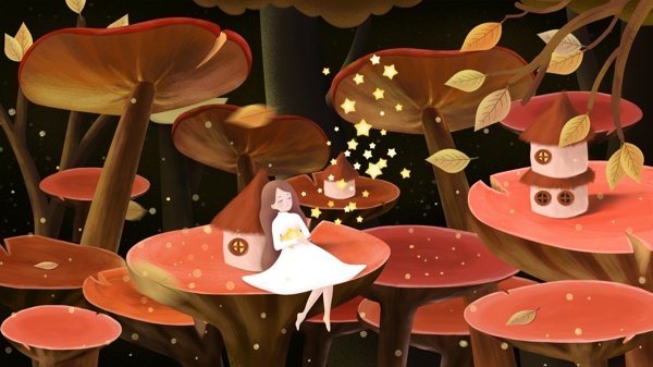 原创手绘插画晚安你好女孩与蘑菇林