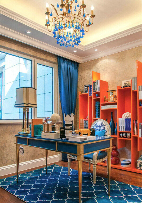 美式蓝色书房设计图
