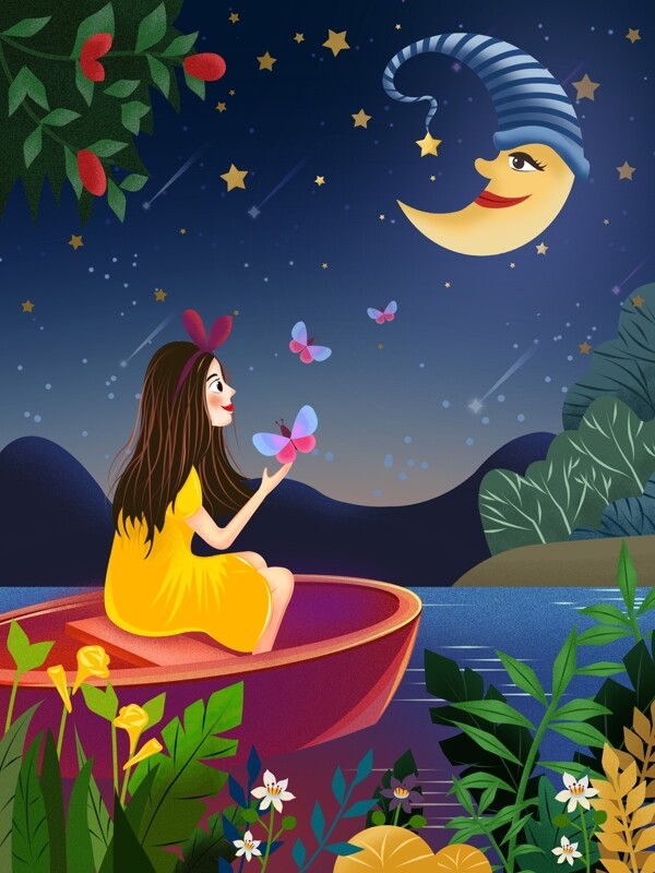 星空月亮湖面船上小女孩星梦幻清新插画