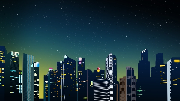 创意微立体纸片风午夜之城星光璀璨城市建筑风景插画