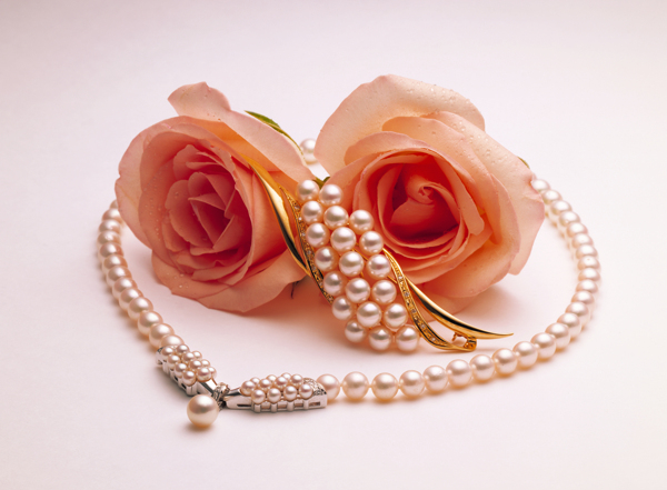两朵鲜花和珍珠项链图片