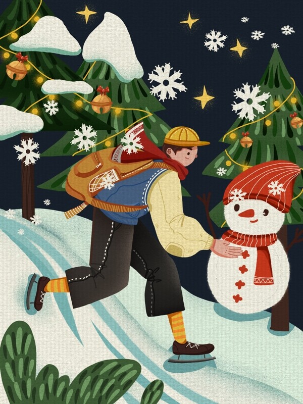 平安夜男孩在雪地里溜冰圣诞树温馨插画