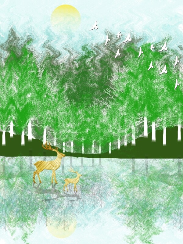原创手绘现代绿色丛林金鹿客厅装饰画