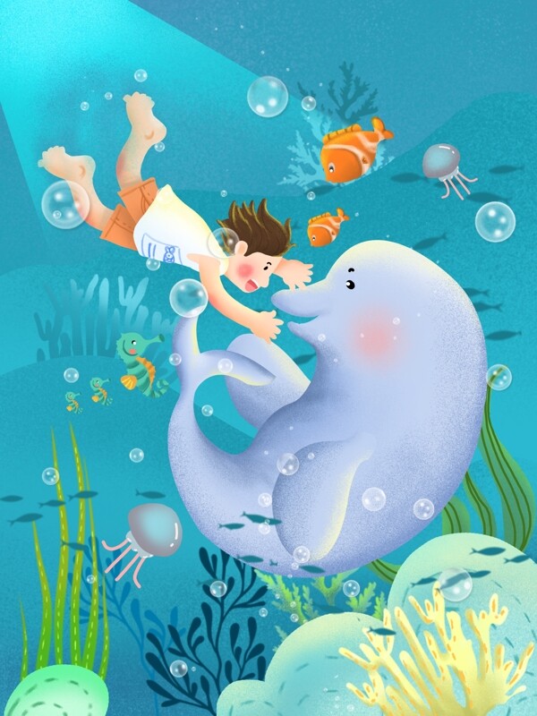 世界海洋日男孩和白鲸蓝色调噪点插画