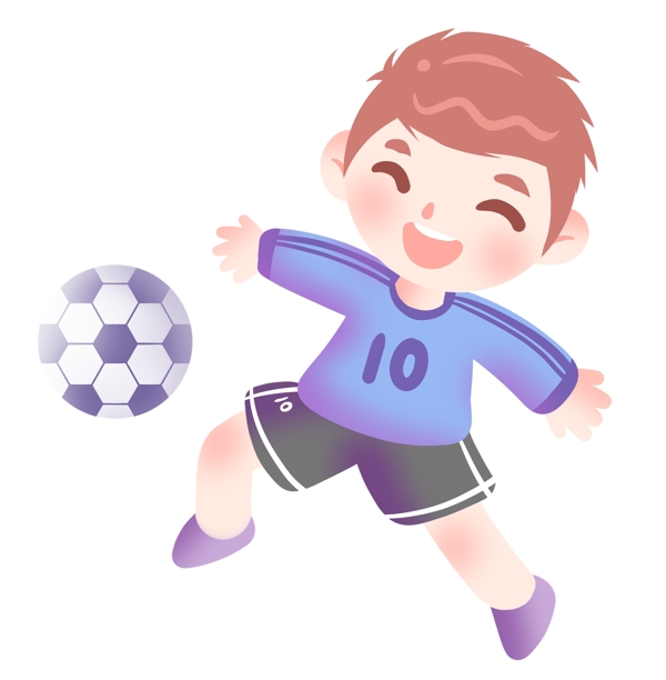 穿蓝色球服踢足球的小男孩插画
