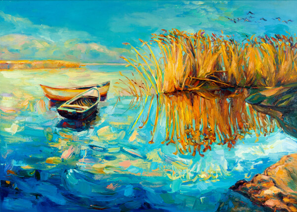 湖泊小船风景油画图片