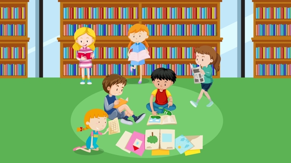 国际扫盲日阅览室读书看报的孩子矢量插画