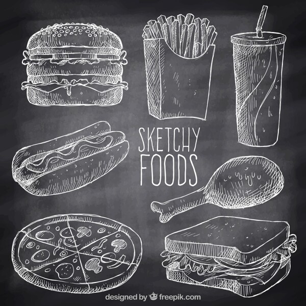 7款黑板墙手绘快餐食物矢量素材