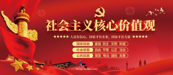红色喜庆金字社会主义核心价值观党建展板
