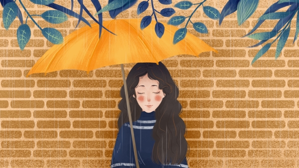 二十四节气立秋下雨撑伞的女孩原创插画海报