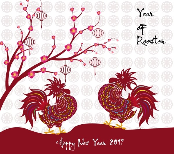 两只公鸡中国传统春节剪纸矢量素材