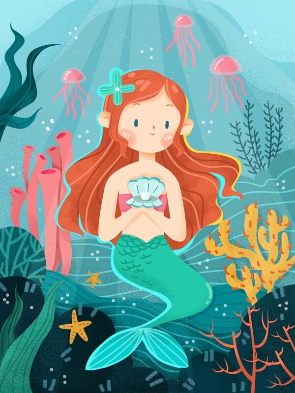 世界海洋日美人鱼海底世界插画