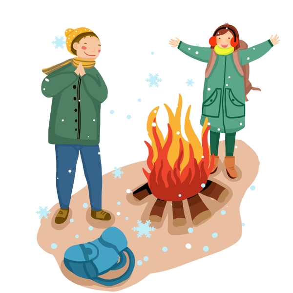 冬季旅行人物和篝火