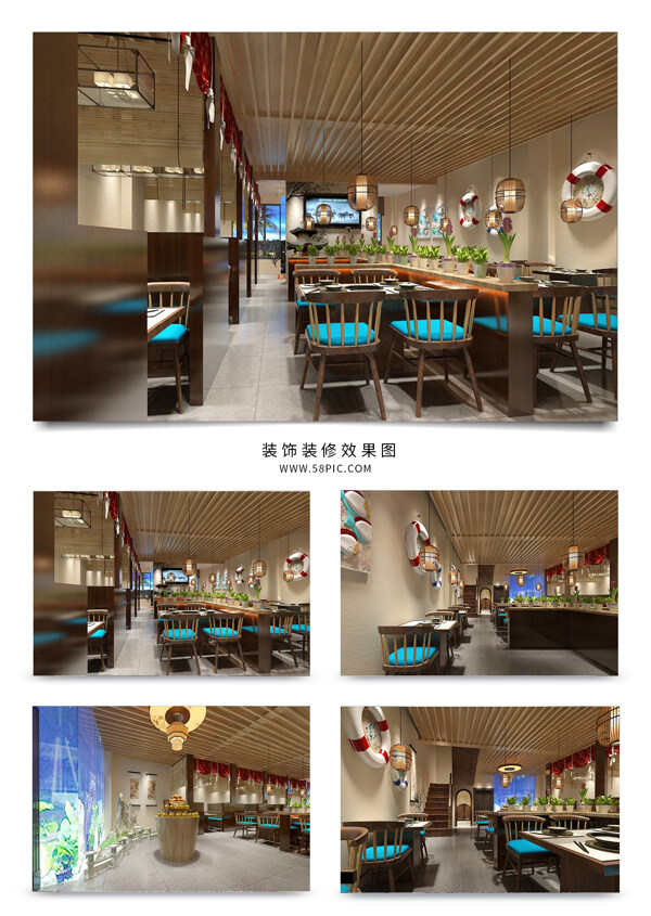 现代中式餐厅空间大堂效果图
