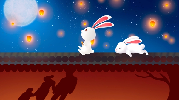 中秋节卡通兔子赏月
