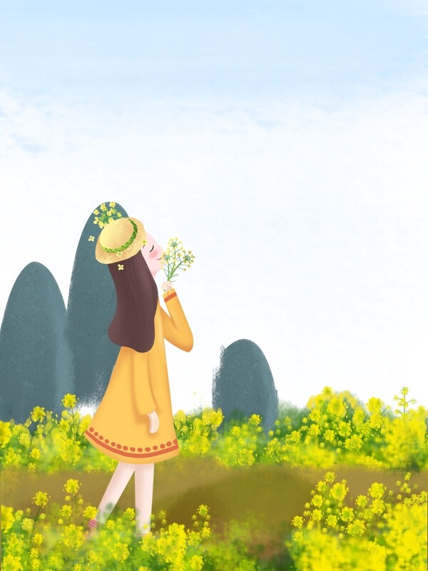 春季油菜花带帽女孩背景