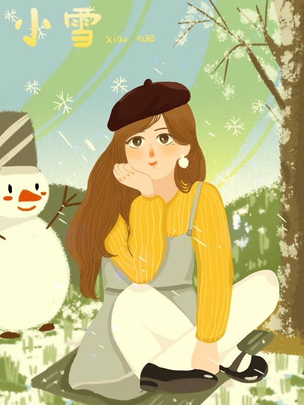 小雪在外玩耍可爱卡通女孩和雪人的互动扁平