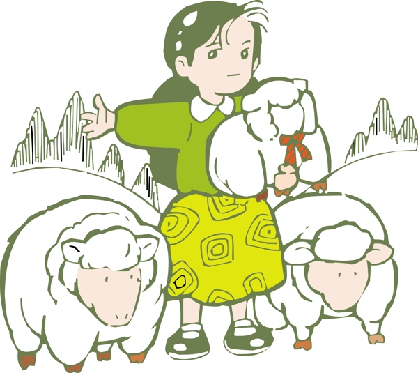 赶羊的小女孩插画