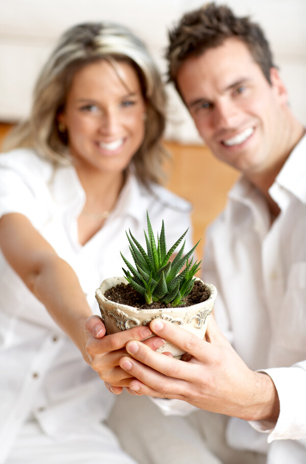 一起拿着一盆植物的夫妻图片