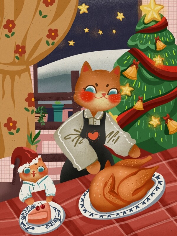 圣诞节猫咪妈妈给孩子准备大餐温馨可爱插画