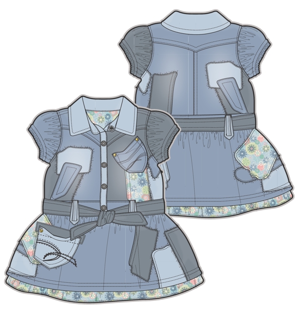 短袖棉裙女宝宝服装设计彩色稿件矢量素材
