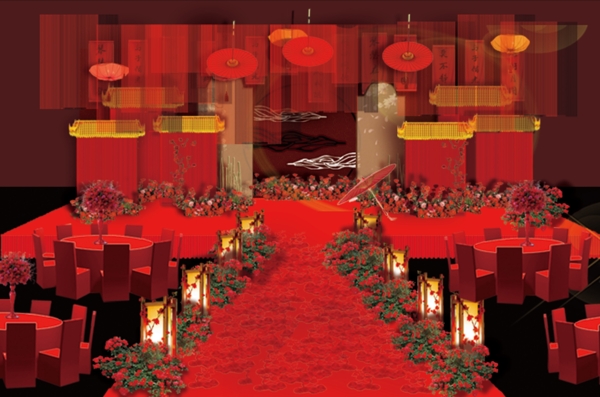 红色中国风中国红婚礼舞台效果图背景