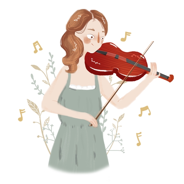 清新卡通女孩拉小提琴人物元素