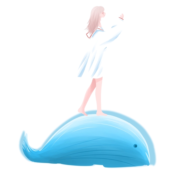 女孩和蓝色鲸鱼透明素材