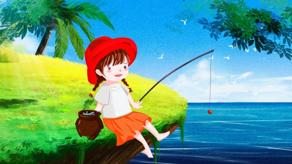 原创唯美清新夏天你好夏天女孩钓鱼海边插画