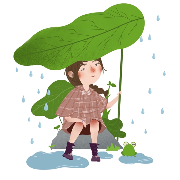 谷雨叶子下挡雨女孩