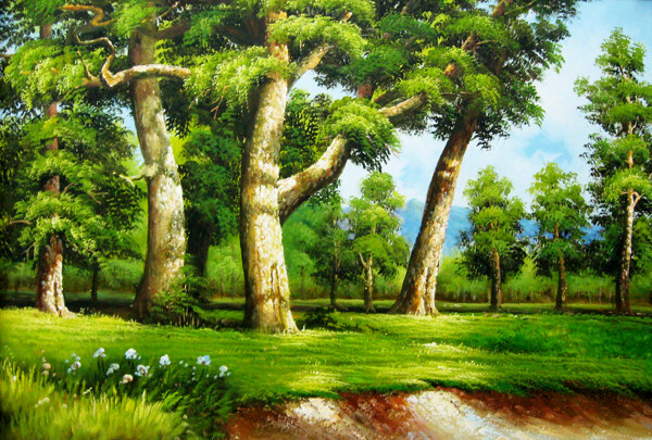 油画春天树林风景图片