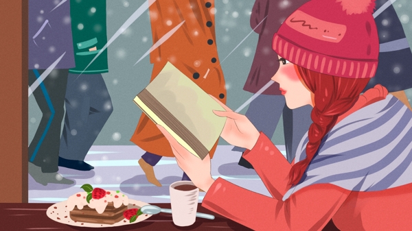 城市生活咖啡馆里读书的女孩清新插画