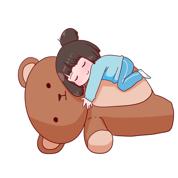 爬熊上睡觉女孩插画