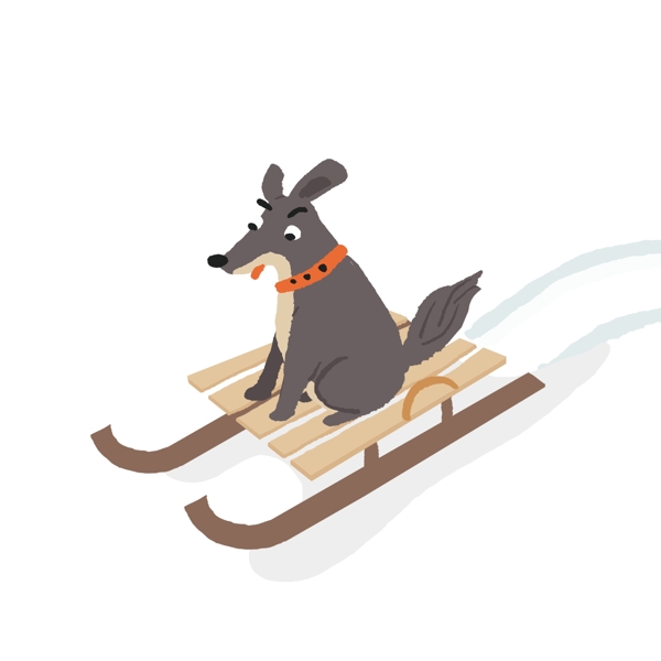 手绘冬日坐着雪橇滑雪的狗