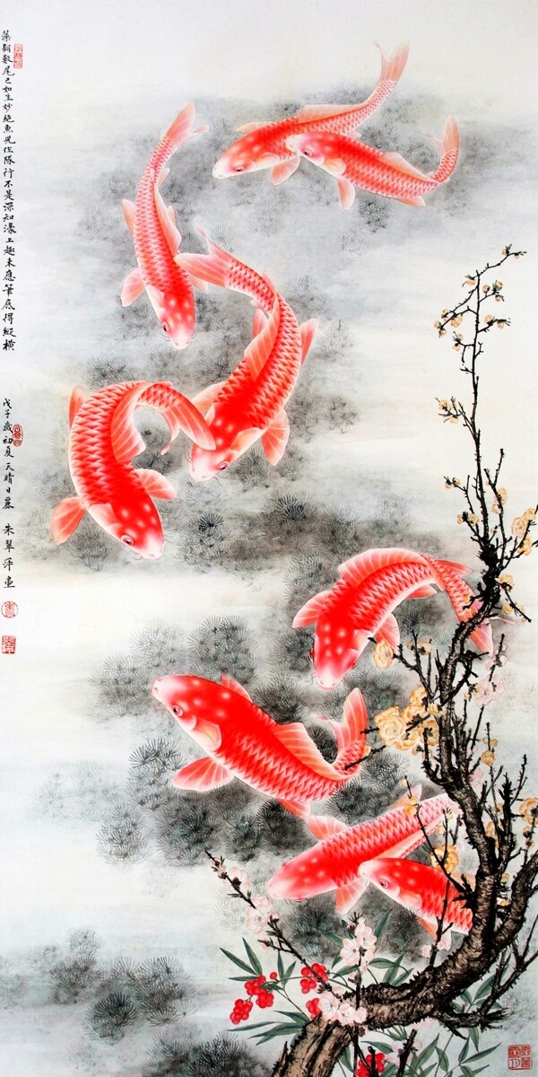中式国画红鲤鱼图装饰画