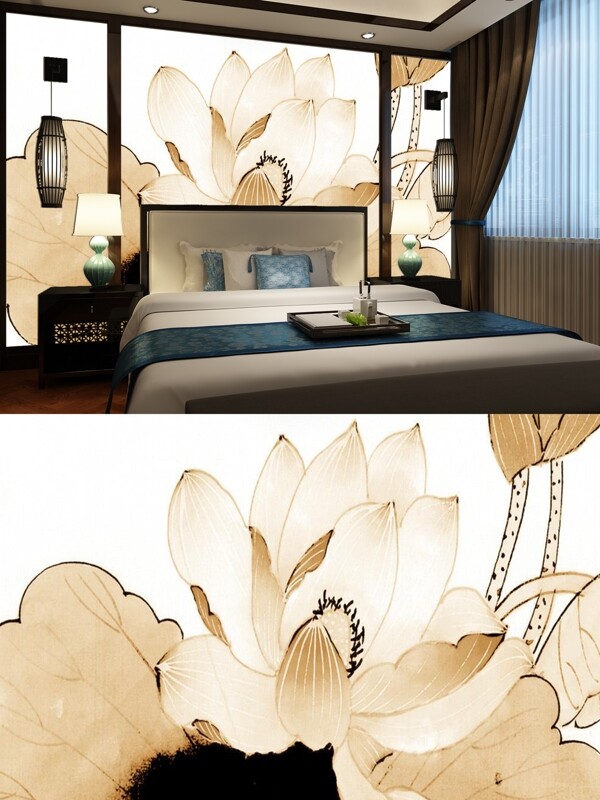 中式水墨国画单色荷花卧室背景墙