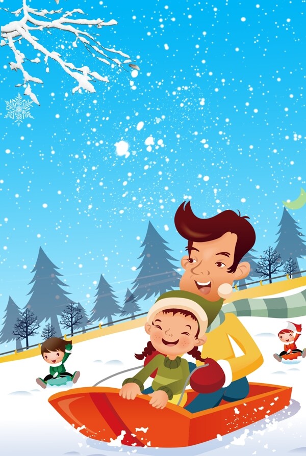 卡通滑雪的父子背景设计