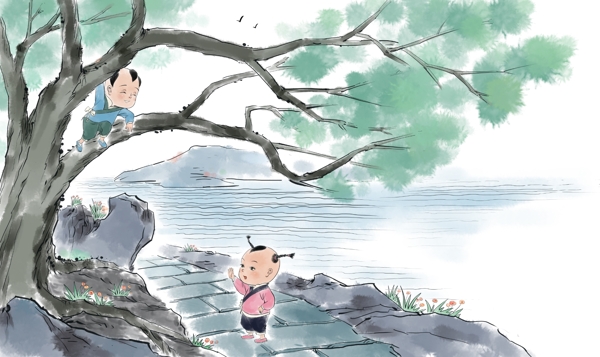 爬树玩耍儿童国风插画卡通背景