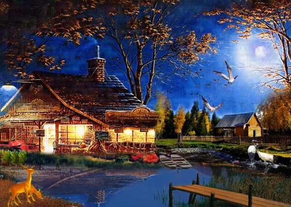油画风景乡村夜色图片