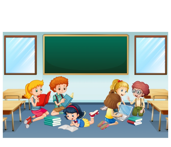 卡通儿童节在教室看书的孩子