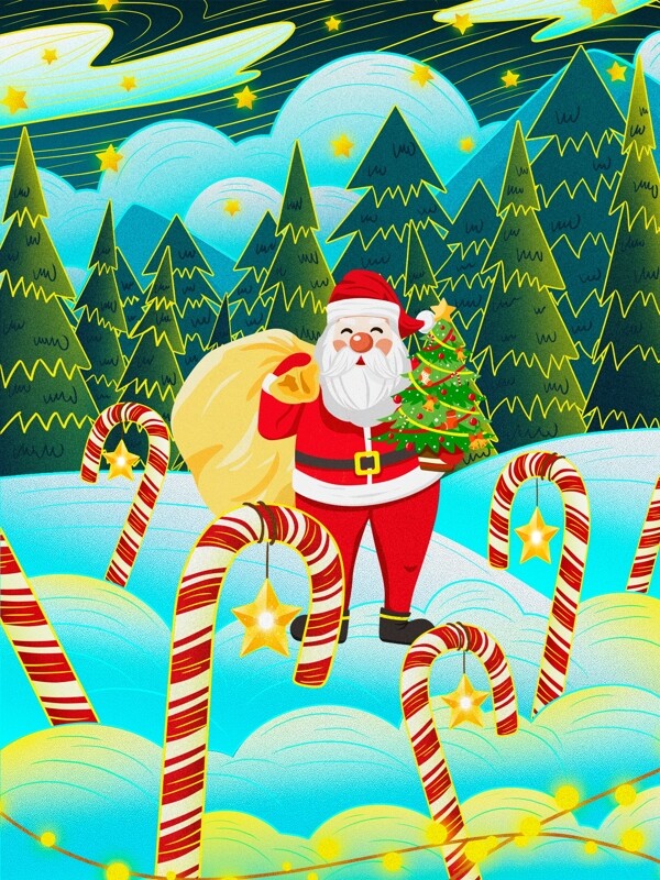 圣诞节流光溢彩圣诞老人拐杖糖插画